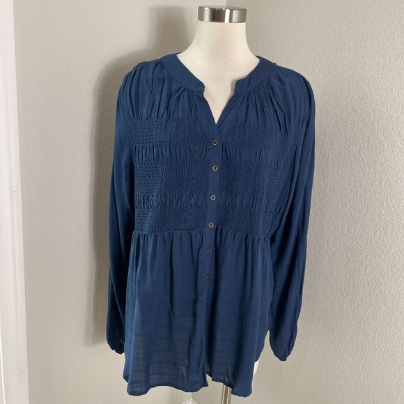 NEW Knox Rose Womens Plus 1X Blue Long Sleeve Button Front Top Smocked Blouse - Picture 1 of 9